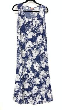 SJS Midi Dress Womens Size Large Sleeveless Blue + White Floral Print A-Line